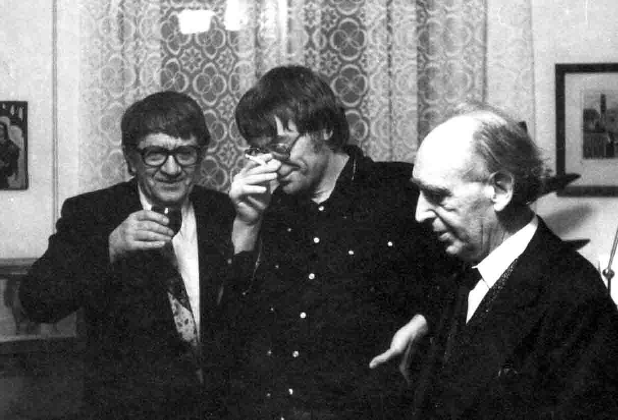 Jan Vladislav, Jiří Němec a Ladislav Dvořák, oslava šedesátin Lad. Dvořáka, 1980, Praha